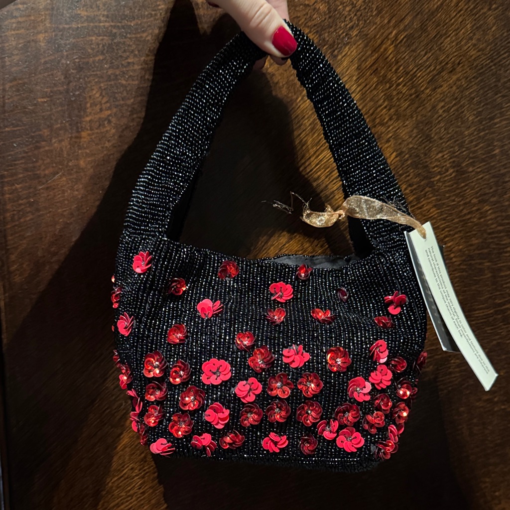 Black Mini Beaded Bag With Red Sequin Flower Accents
